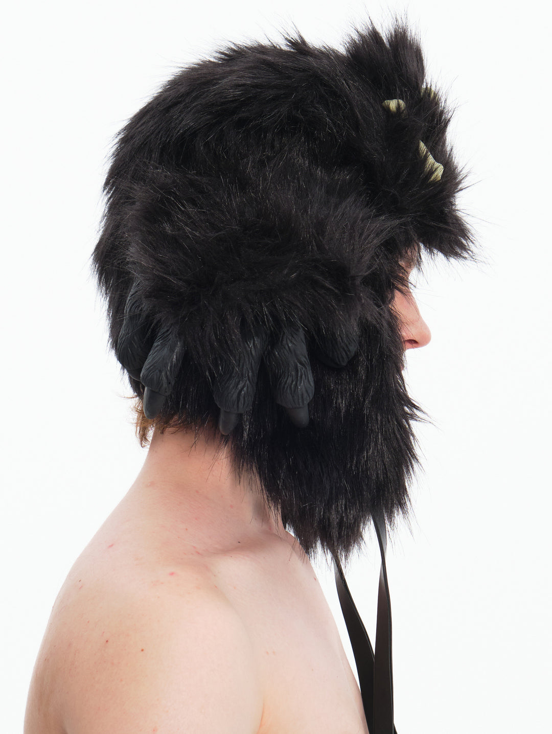 EMBRYO BLACK BEAST bone-detail faux-fur hat — rear modeled view