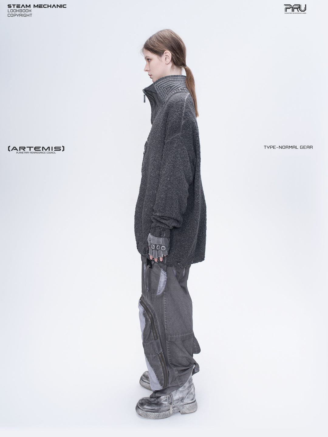 PIONEER moon dust gray moon-protection distressed sweater — side modeled view