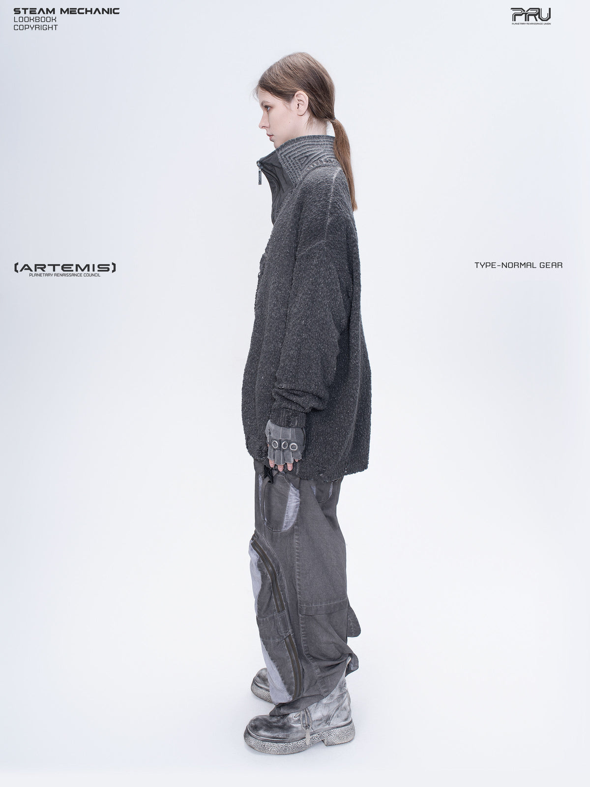 PIONEER moon dust gray moon-protection distressed sweater — side modeled view