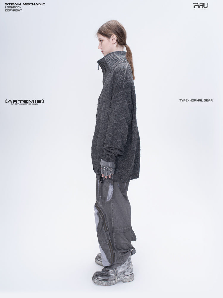 PIONEER moon dust gray moon-protection distressed sweater — side modeled view
