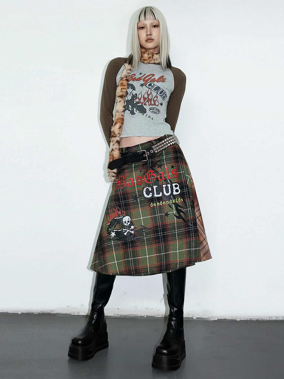 DeadEndKids BadGals Club double-sided plaid A-line skirt — green-brown full-length gallery view