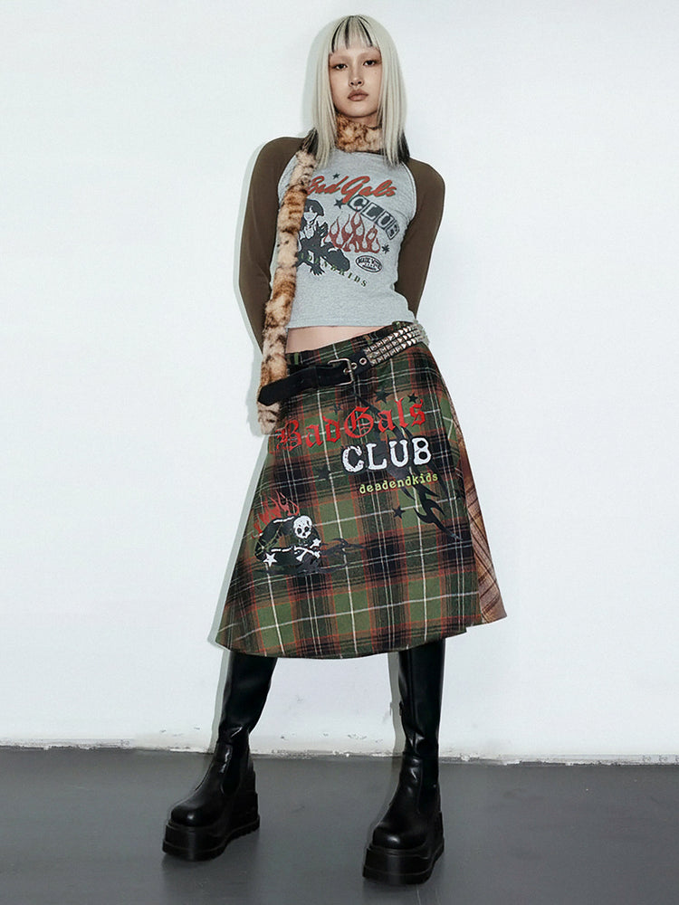 DeadEndKids BadGals Club double-sided plaid A-line skirt — green-brown full-length gallery view
