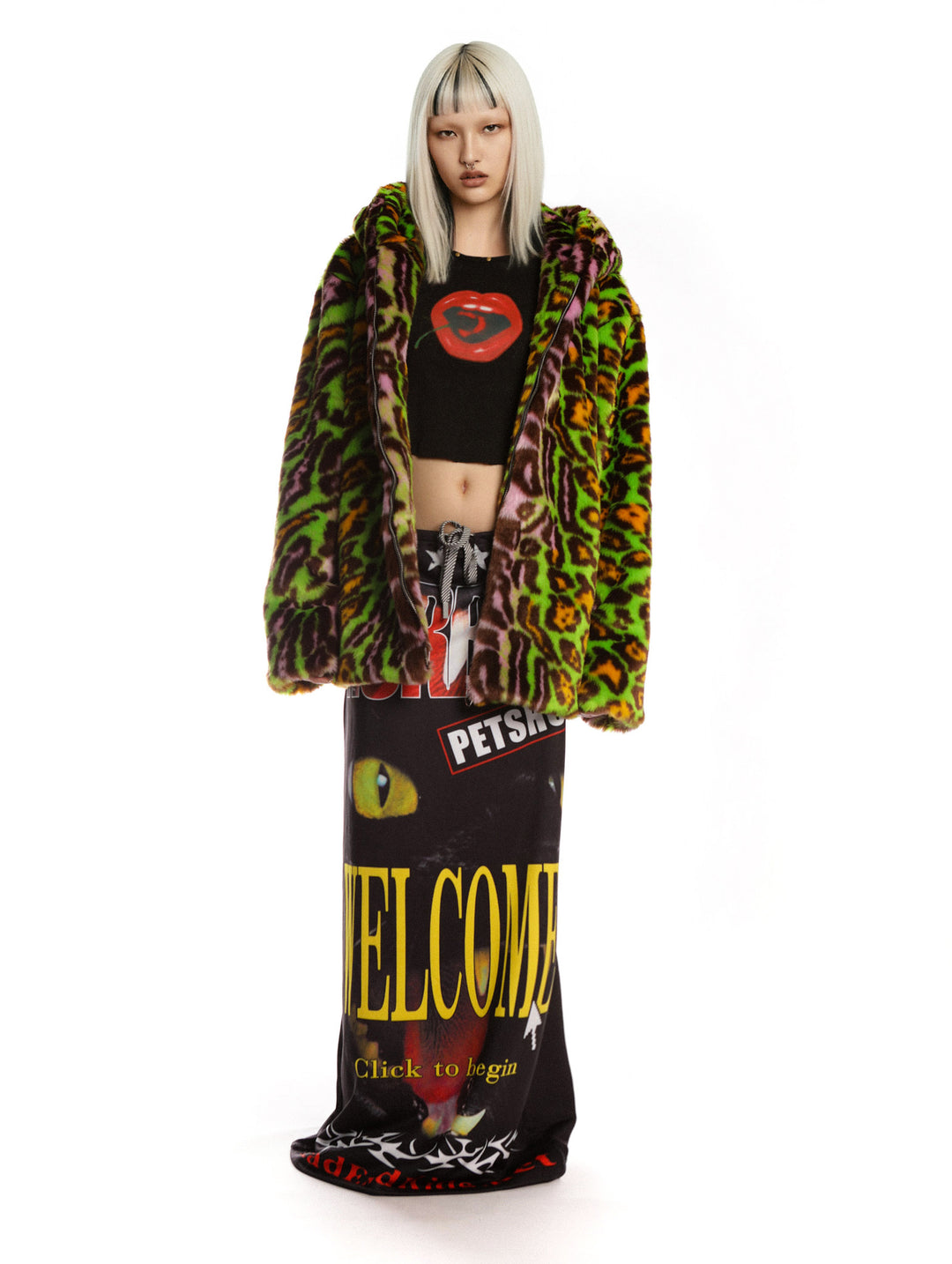 DeadEndKids leopard-print faux-fur hooded jacket in yellow green — full-length modeled view