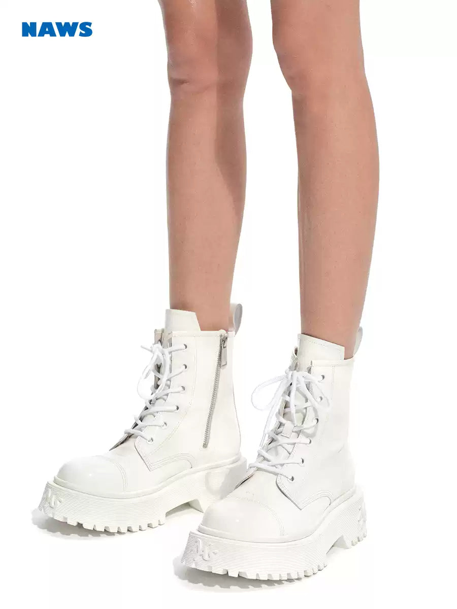 NAWS PORCELAIN GLOW platform leather moto boots — modeled front styling view