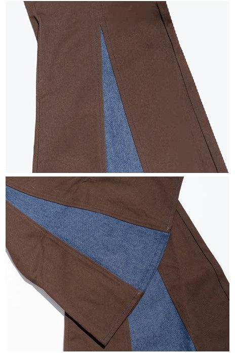 NEXT PASSPORT denim-panel low-rise flared pants in brown — close-ups of the triangular blue denim inserts and seam construction.