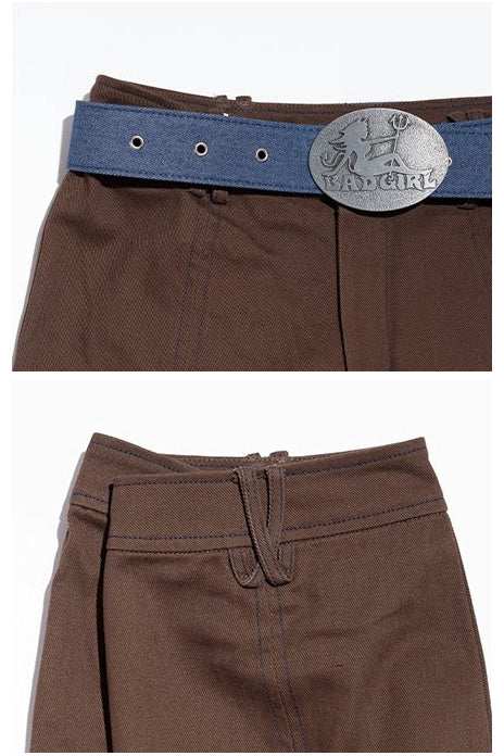 NEXT PASSPORT denim-panel low-rise flared pants in brown — front belt buckle and rear belt-loop construction close-ups.