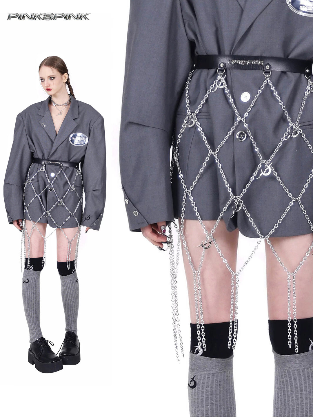 PINKSPINK ELECTRIC MOON diamond-chain belt skirt in black and silver — collage of full-length styling over a gray blazer and a close view of the moon-charms chain lattice