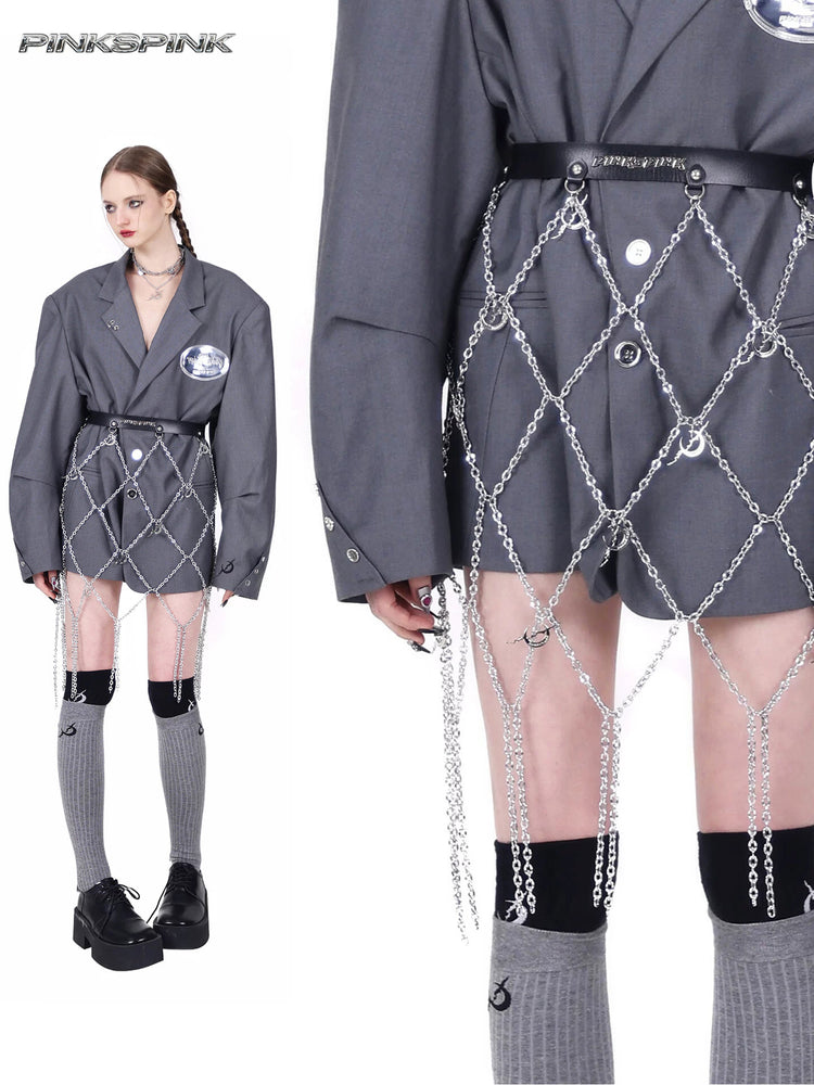 PINKSPINK ELECTRIC MOON diamond-chain belt skirt in black and silver — collage of full-length styling over a gray blazer and a close view of the moon-charms chain lattice