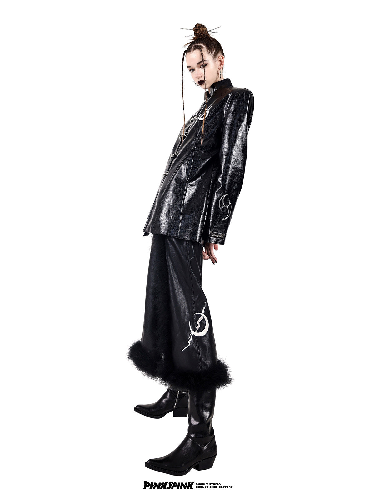 PINKSPINK ELECTRIC MOON embroidered buckle jacket — black full-length side pose showing the longline silhouette