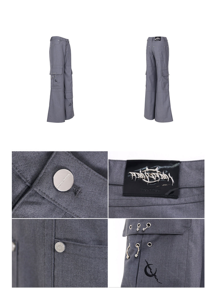 PINKSPINK ELECTRIC MOON ring-detail cargo flare trousers in gray — garment-only front/back comparison with button, logo-patch and cargo-pocket details