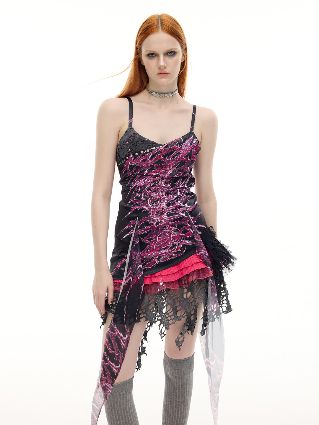 PINKSPINK NEON RIFT asymmetrical lace-trim mini dress — front modeled detail of lace and uneven hem