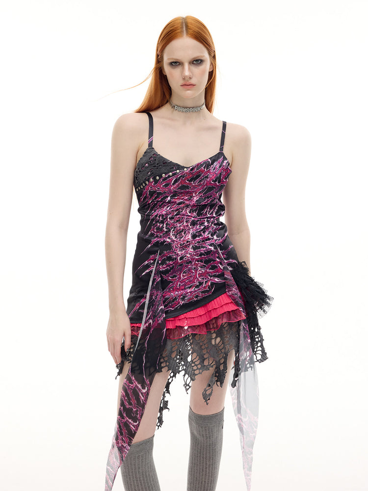 PINKSPINK NEON RIFT asymmetrical lace-trim mini dress — front modeled detail of lace and uneven hem