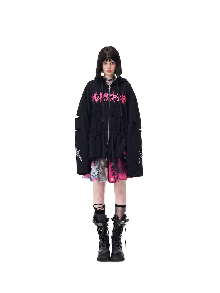 PINKSPINK MOHAWK RITUAL studded zip-up hoodie — front full-length view with hands lowered