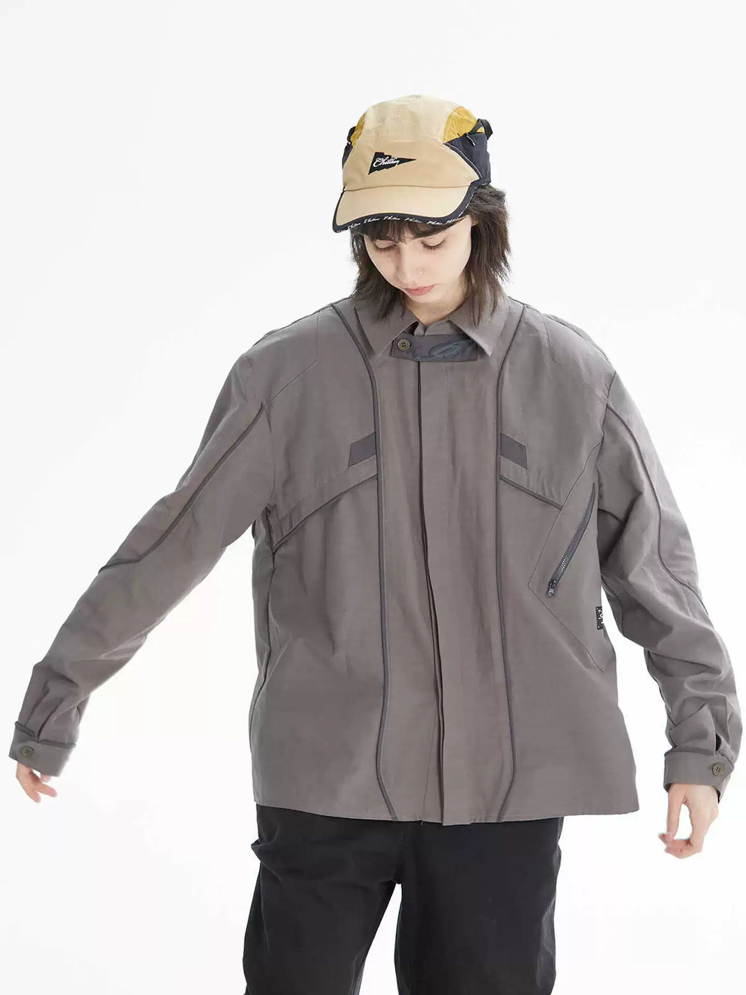 ERRORCODE ROBOT taupe tech work shirt — front modeled hero, arms out, promotional banner removed