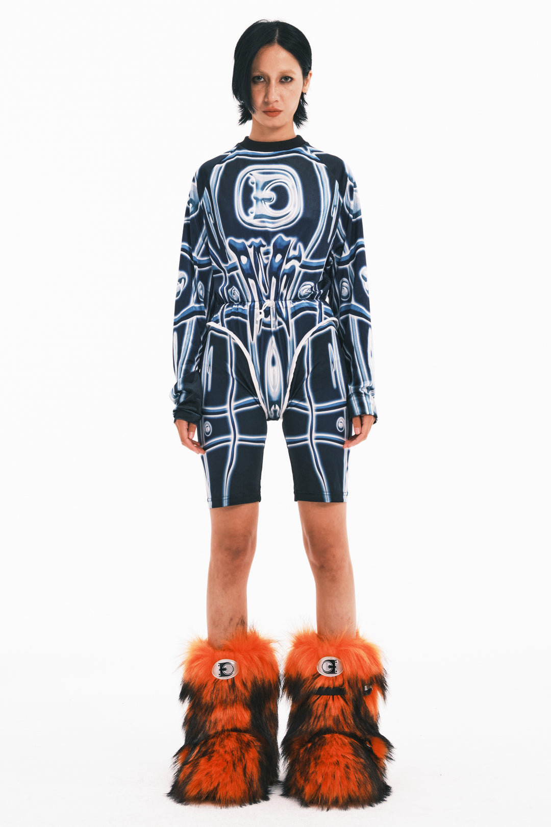 EMBRYO PRIMAL FUR long-pile snow boots — full-length modeled view