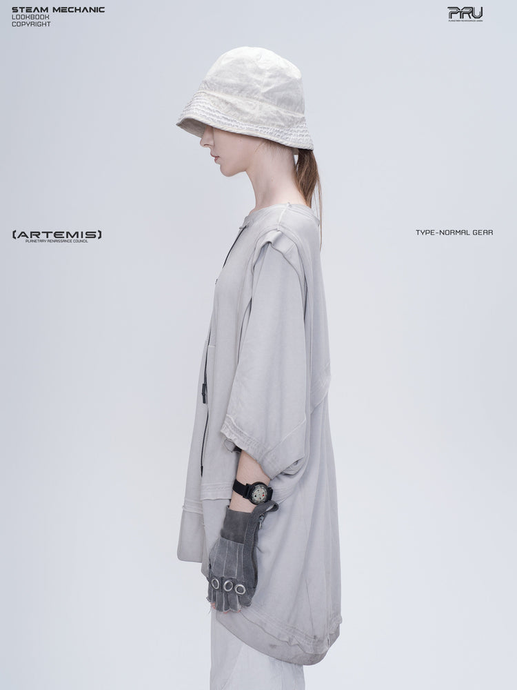 PIONEER eris white distressed nylon bucket hat — left profile modeled view