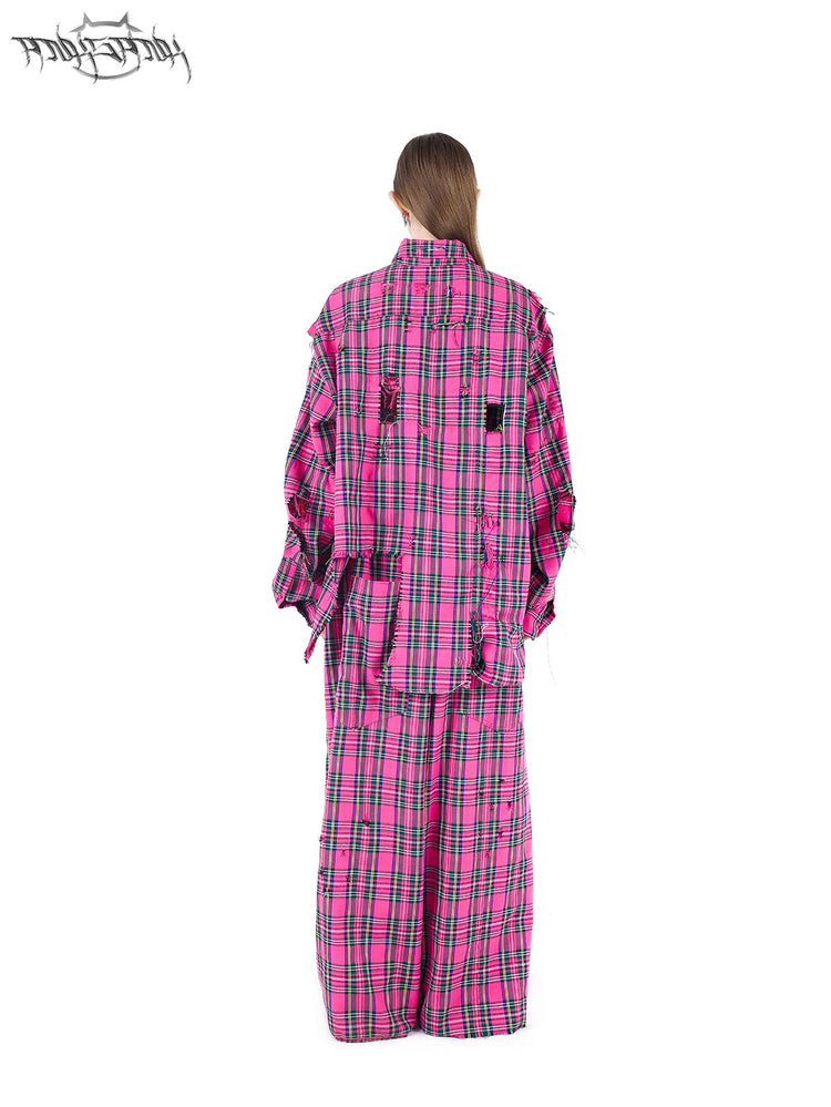 PINKSPINK PINK RIOT distressed plaid wide-leg pants — pink plaid full-length back view with coordinating shirt
