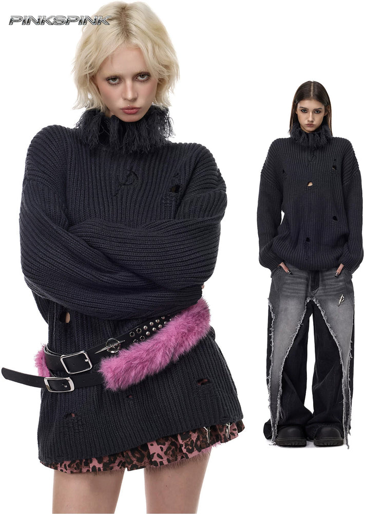 PINKSPINK ELECTRIC MOON distressed high-neck sweater — dark gray modeled collage of distressed knit