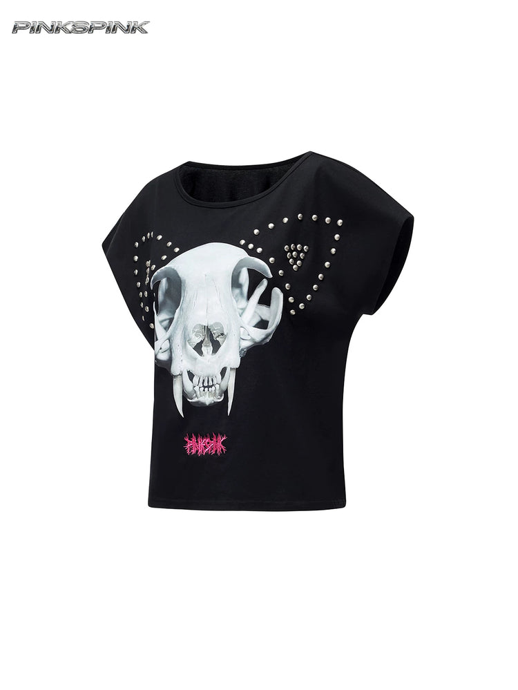PINKSPINK CATACOMB reversible cat-skull tee in black — isolated cat-skull garment view showing the wing-shaped stud outline