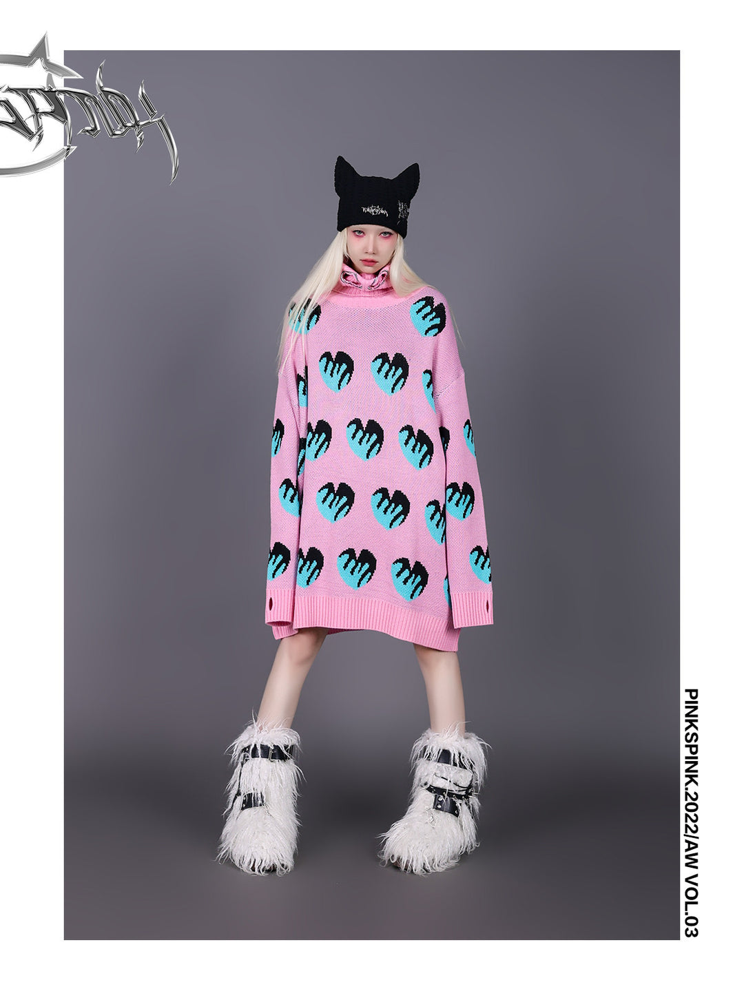 PINKSPINK SPHYNX thorn-embroidered cat-ear beanie — modeled front styling view