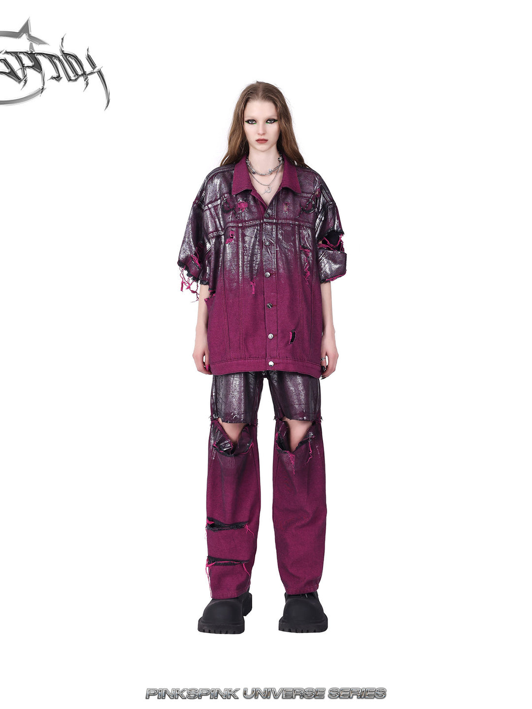 PINKSPINK ELECTRIC MOON silver-coated convertible jeans in burgundy silver — front modeled view with the styling jacket closed