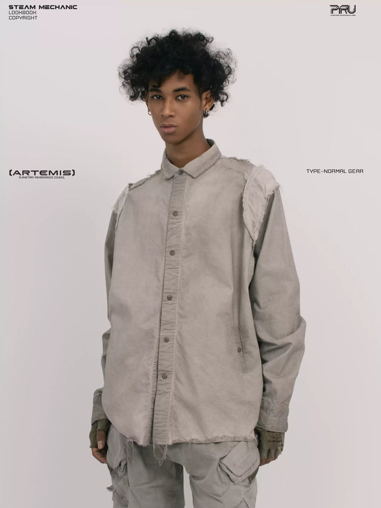 CHAOS ERA nightfall gray raw-edge technical shirt — angled front three-quarter modeled view