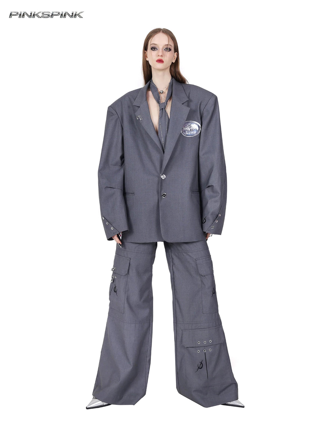 PINKSPINK REBEL pierced oversized tailored blazer in gray — full front view showing broad shoulders and relaxed tailoring