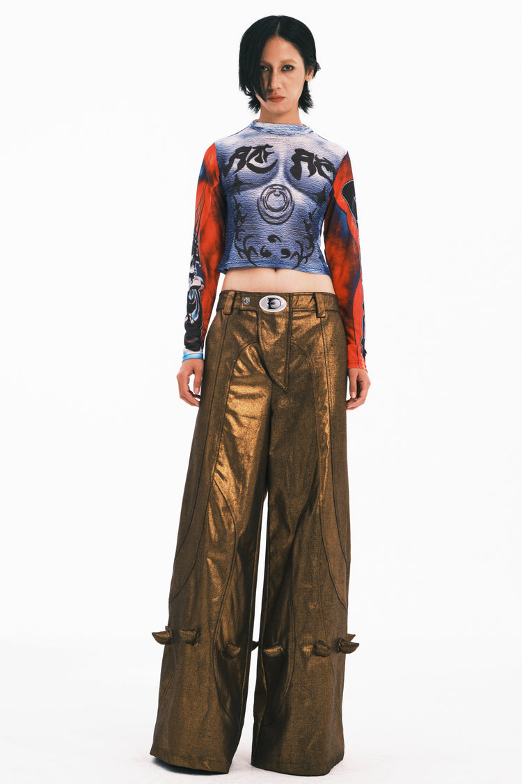 EMBRYO GOLD SPIKE metallic wide-leg pants — construction detail
