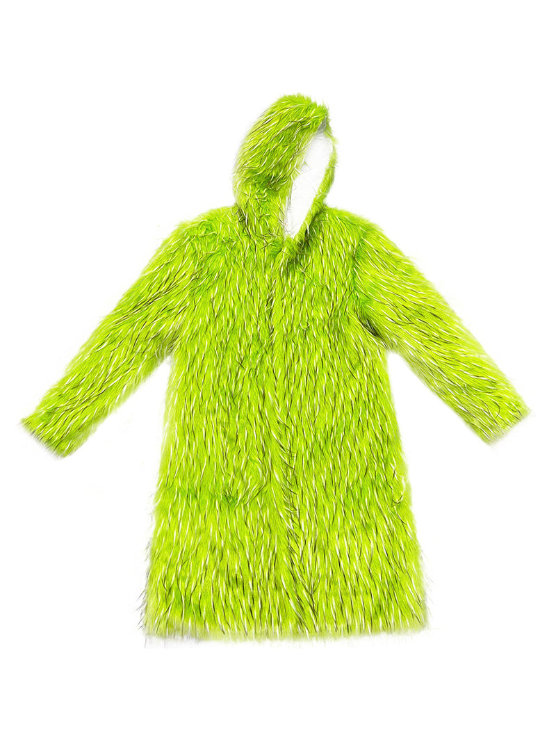 DEADENDKIDS ALIEN LIME long faux-fur hooded coat — alternate modeled angle