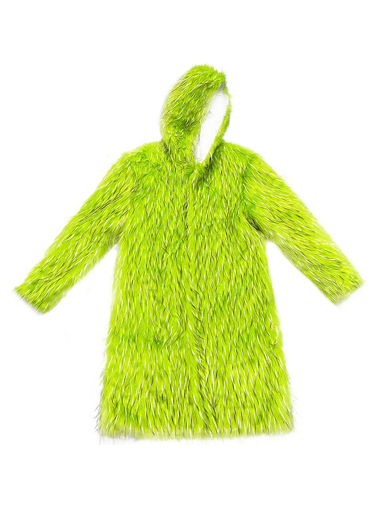DEADENDKIDS ALIEN LIME long faux-fur hooded coat — alternate modeled angle