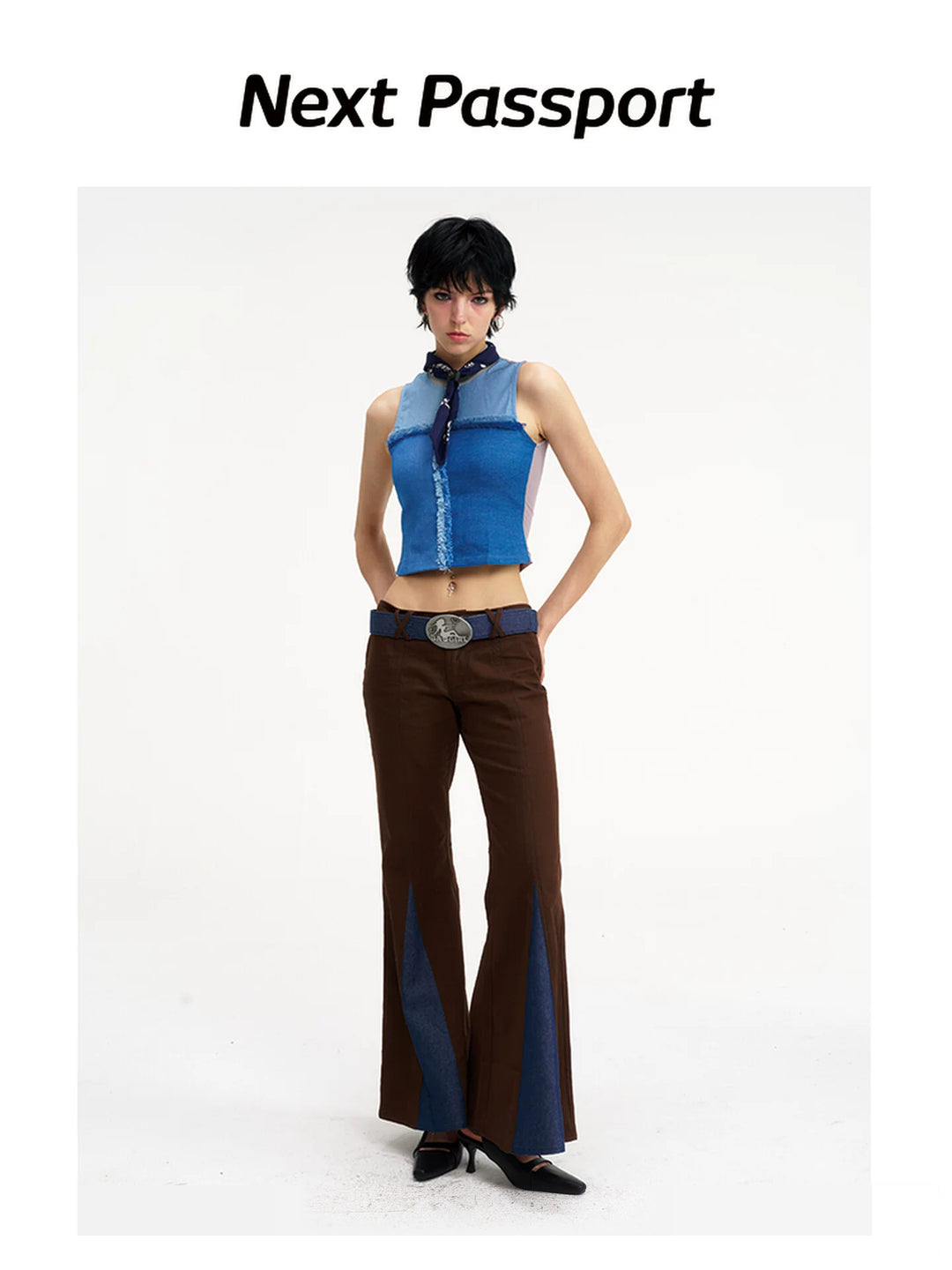 NEXT PASSPORT denim-panel low-rise flared pants in brown — full-length front modeled view showing the low waist and contrasting blue denim flares.