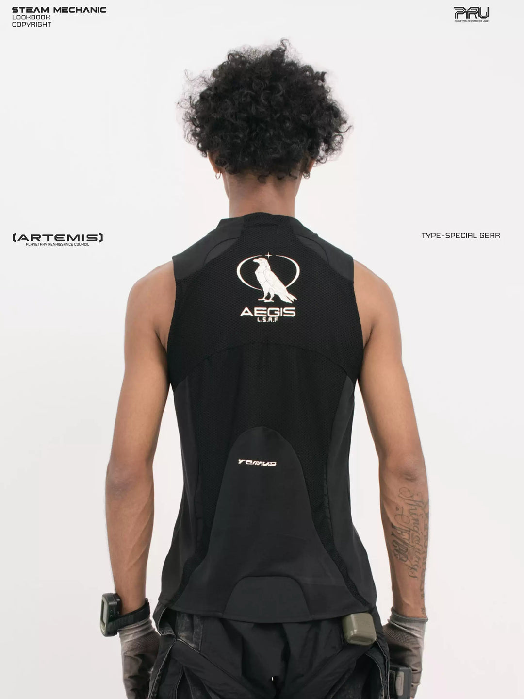 AEGIS blackbird black distressed mesh tank — back three-quarter modeled view