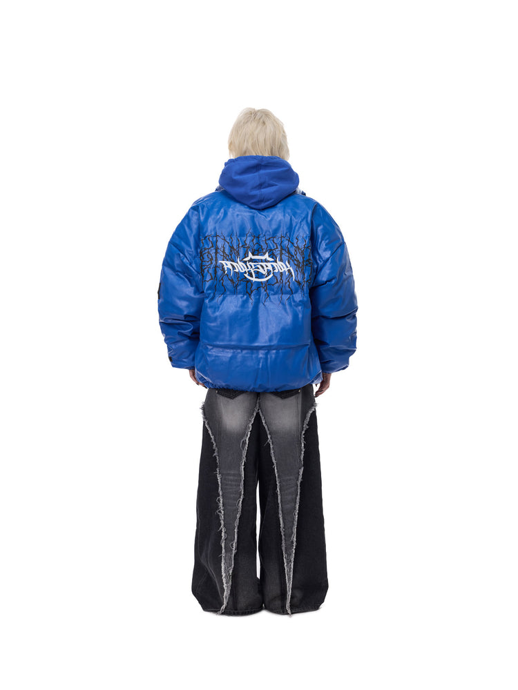 PINKSPINK MOTORBLOC padded faux-leather jacket — Klein blue back full-length view