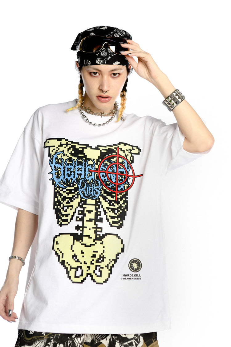 DEADENDKIDS SKELETON RIOT oversized graphic tee — material and print detail