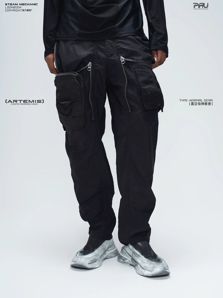 GAIA stone green curved-blade technical pants — rear modeled view