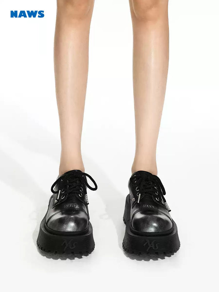 NAWS NIGHT TIDE burnished platform leather derby shoes — modeled front styling view