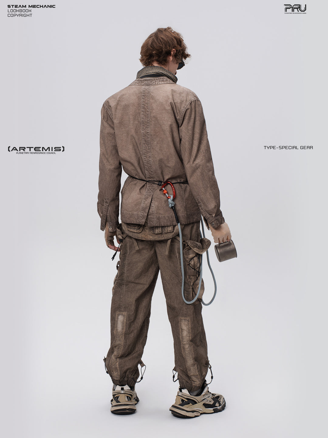 PIONEER gravel brown detachable-waist-bag work pants — full-length rear view showing both gathered cuffs
