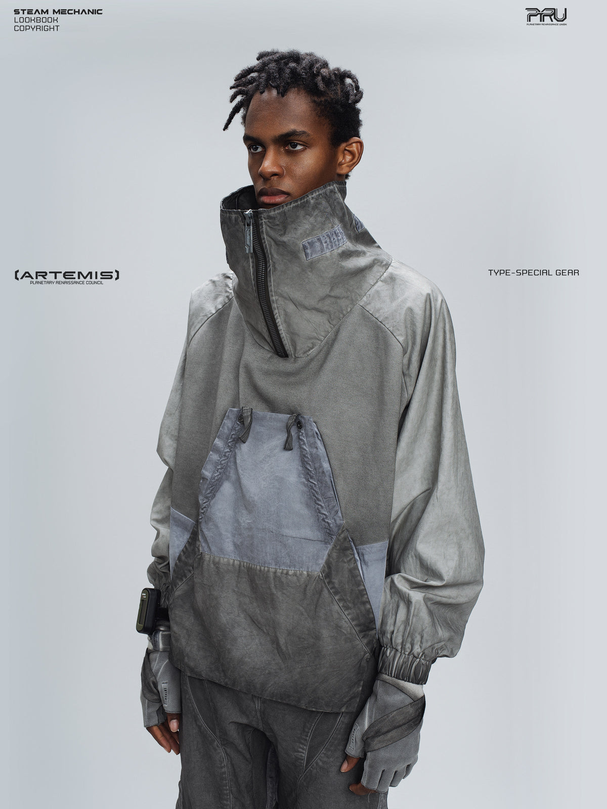 PIONEER moon dust gray detachable-pocket utility hoodie — side modeled view