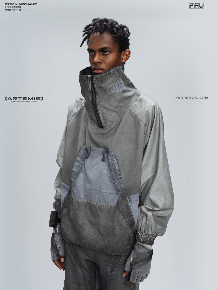 PIONEER moon dust gray detachable-pocket utility hoodie — side modeled view