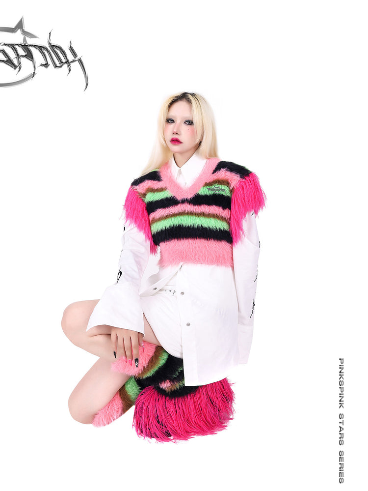 PINKSPINK FUTURE COLOR striped knit leg warmers — modeled detail view of the garment construction