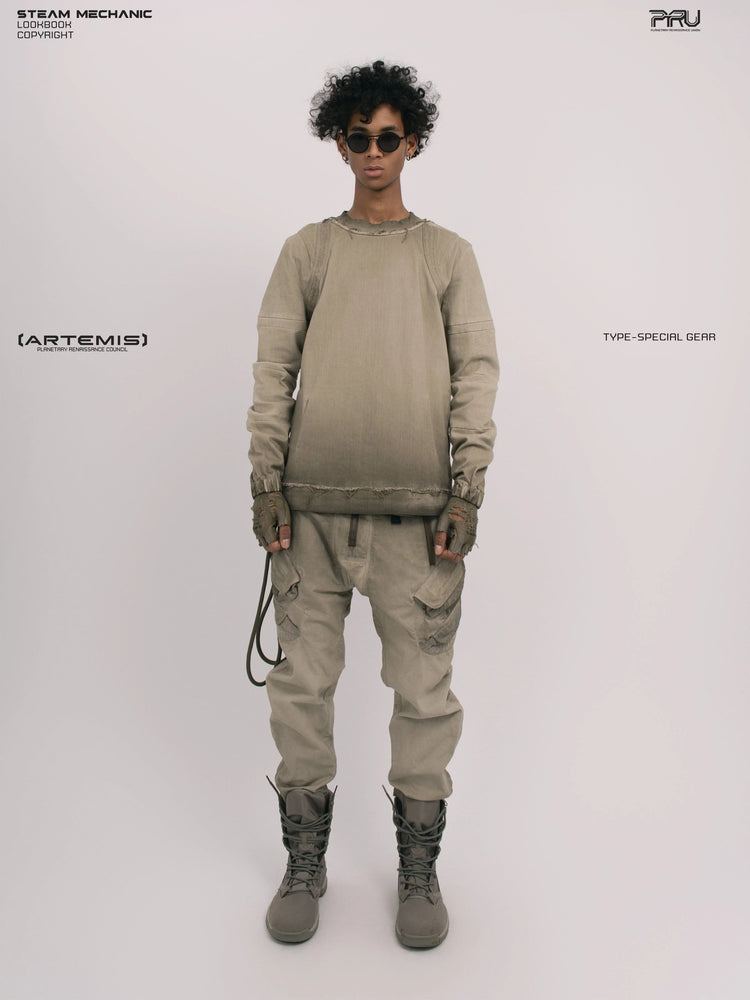 CHAOS ERA xirang brown raw-edge long-sleeve top — full-length front modeled view