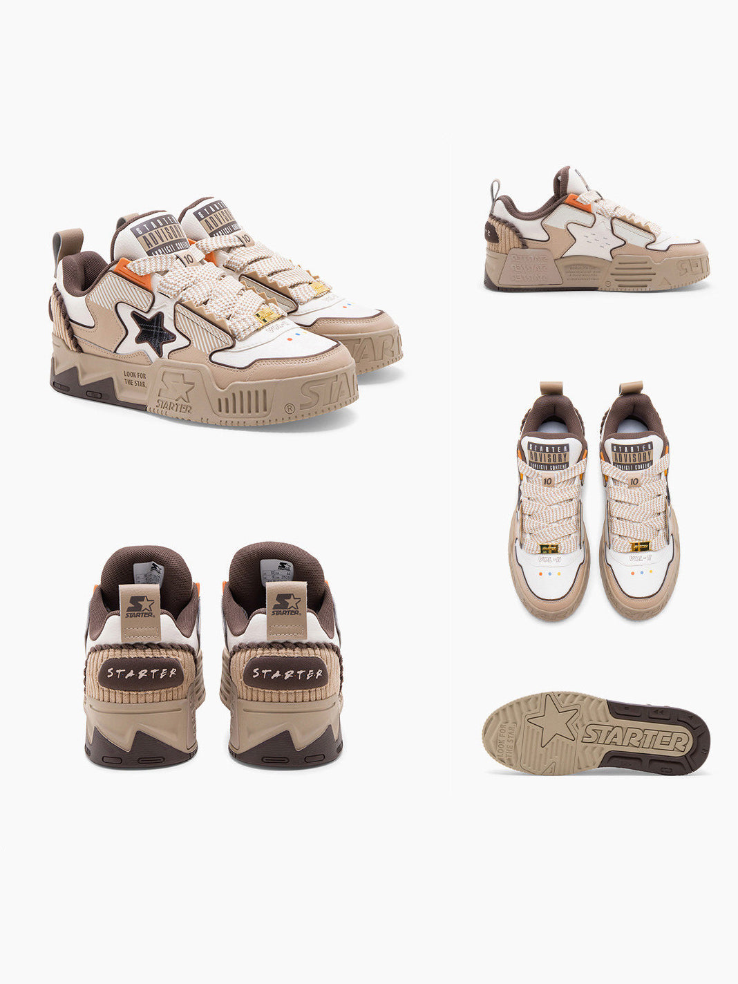 STARTER VOL 90S SONIC Coffee sneakers in rear, side, top and outsole views, showing patterned laces and layered panels