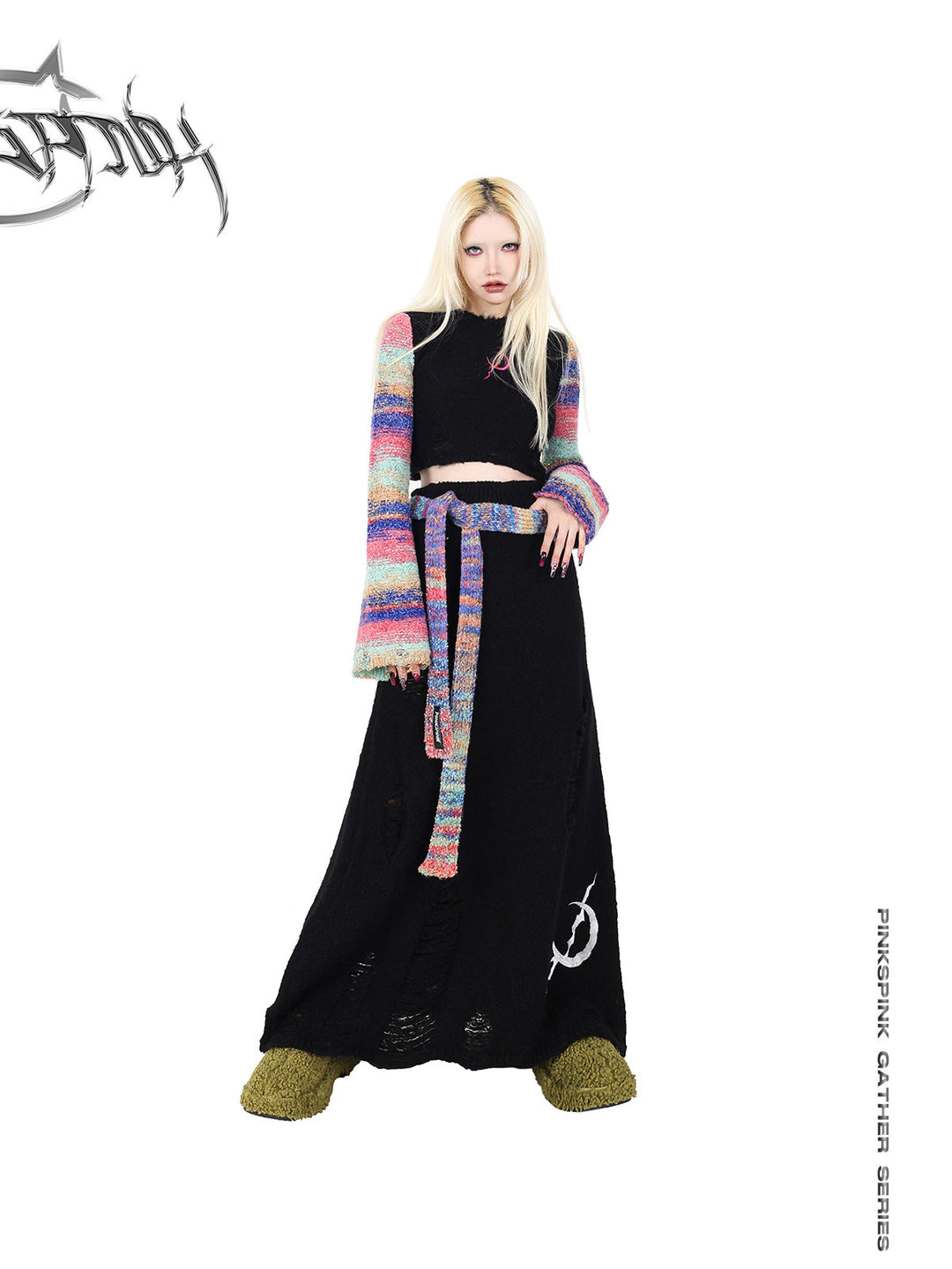 PINKSPINK ELECTRIC MOON rainbow-sleeve cropped sweater with scarf — front full-length modeled view with the scarf styled around the waist