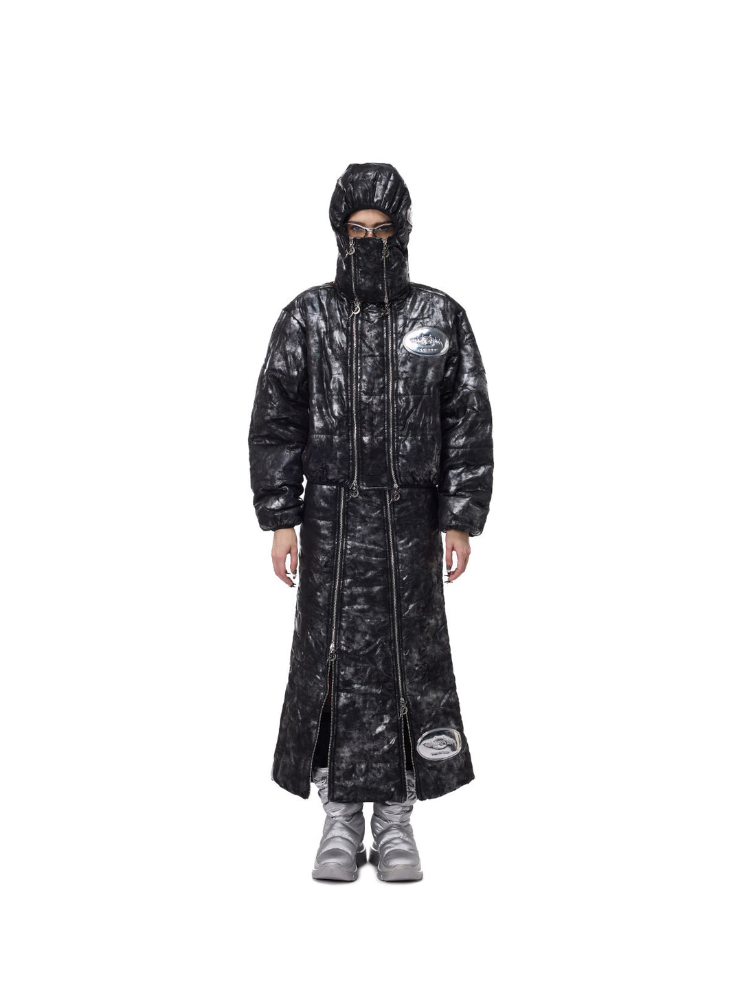 PINKSPINK ELECTRIC MOON metallic cropped puffer jacket — front full-length styling with separate matching hood