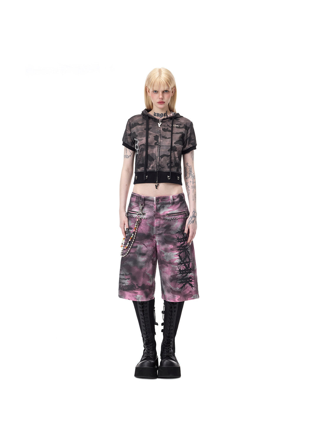 PINKSPINK CATPAW cropped cat-ear zip hoodie in gray-brown camouflage — full-length neutral front view styled with separate shorts