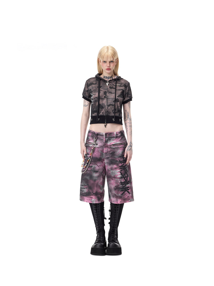 PINKSPINK ELECTRIC MOON coated camouflage denim shorts in pink-gray camouflage — straight-on full-length front view