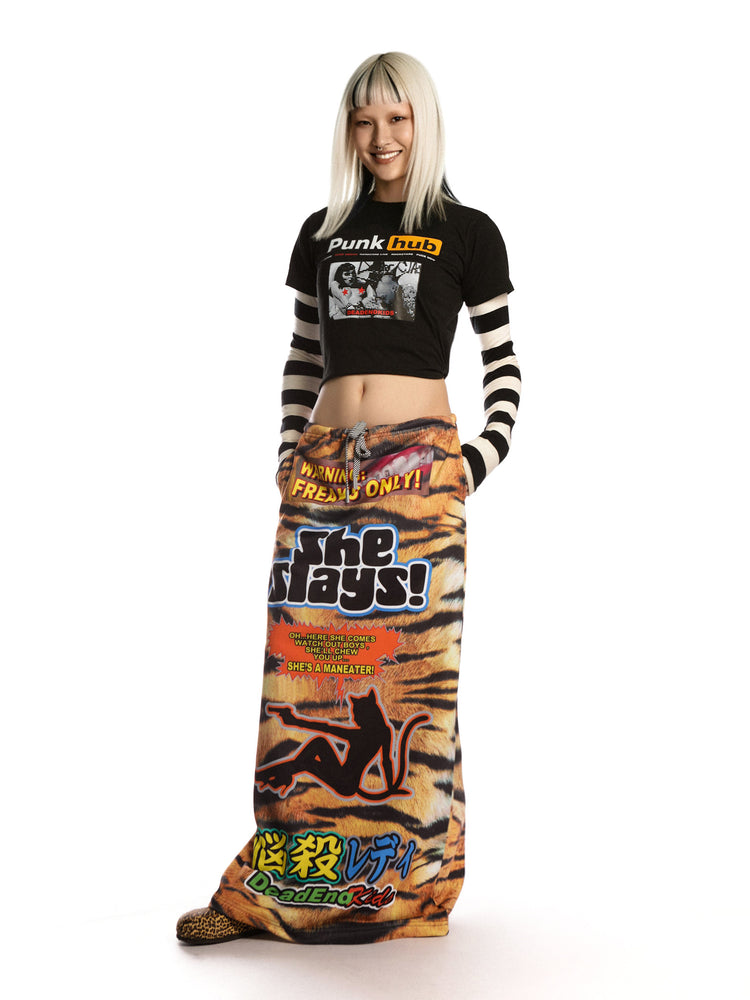 DEADENDKIDS TIGER RIOT graphic maxi skirt — full-length modeled view