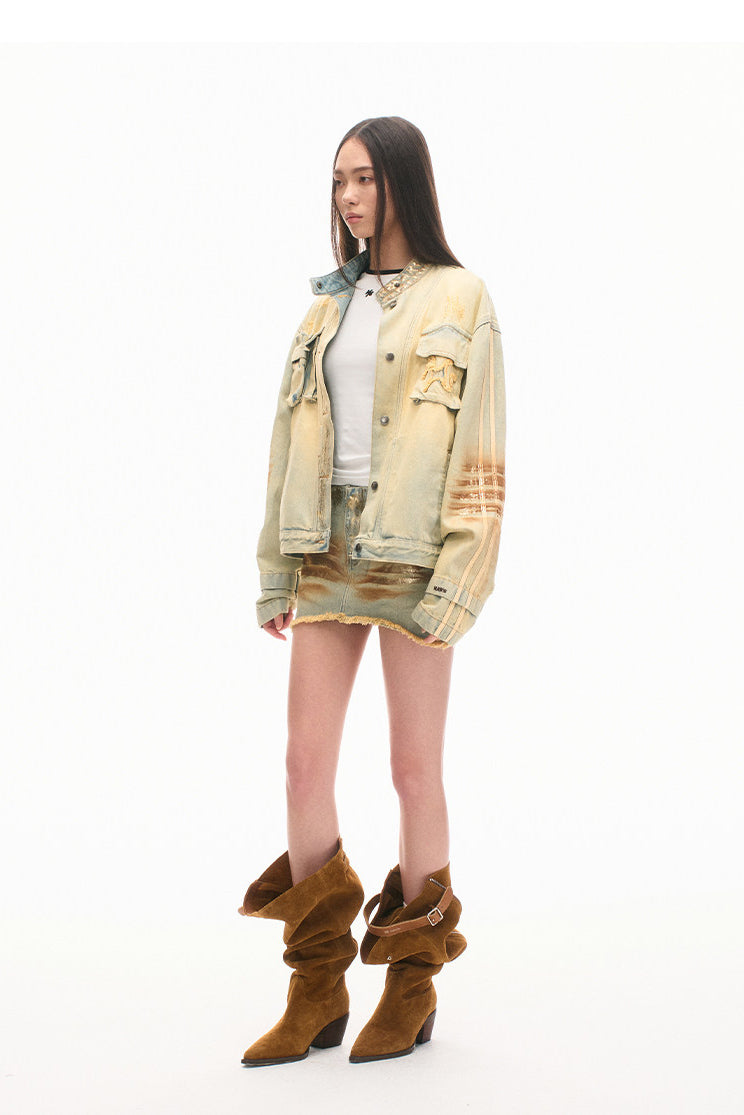 NAWS PYTHON silver-wash denim mini skirt — alternate modeled view showing the silhouette