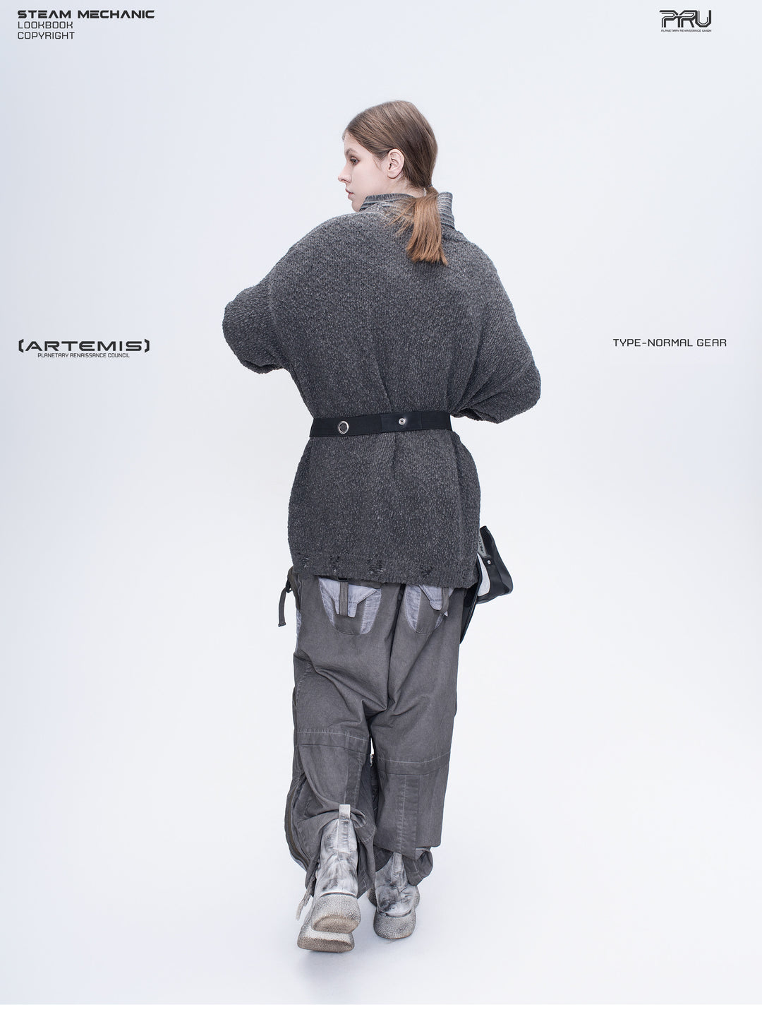 PIONEER moon dust gray moon-protection distressed sweater — full-length belted rear modeled view showing the drape and textured knit