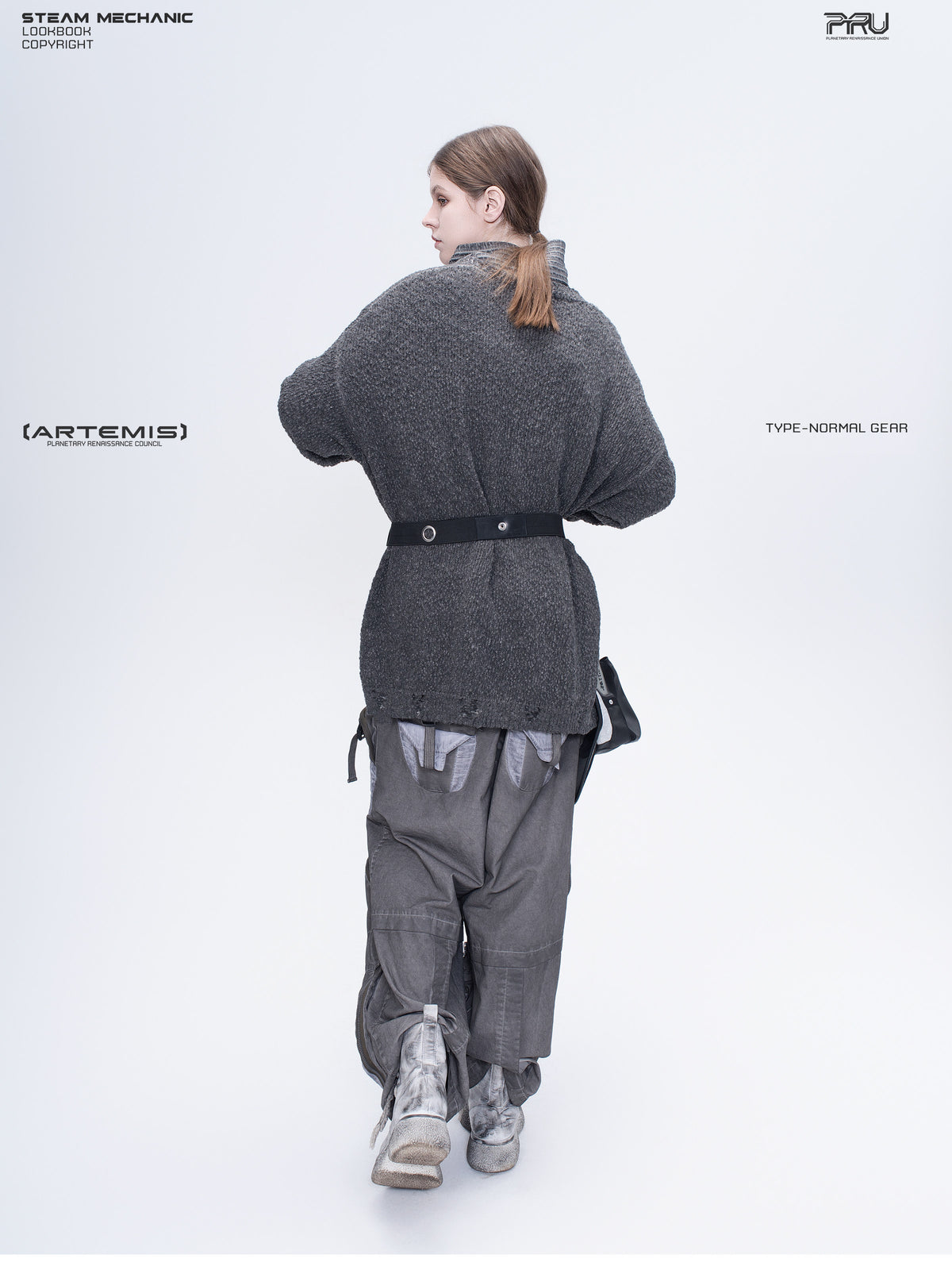 PIONEER moon dust gray moon-protection distressed sweater — full-length belted rear modeled view showing the drape and textured knit